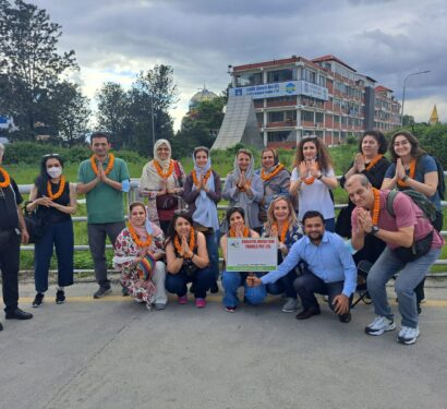Graceful adventure travel team in airport